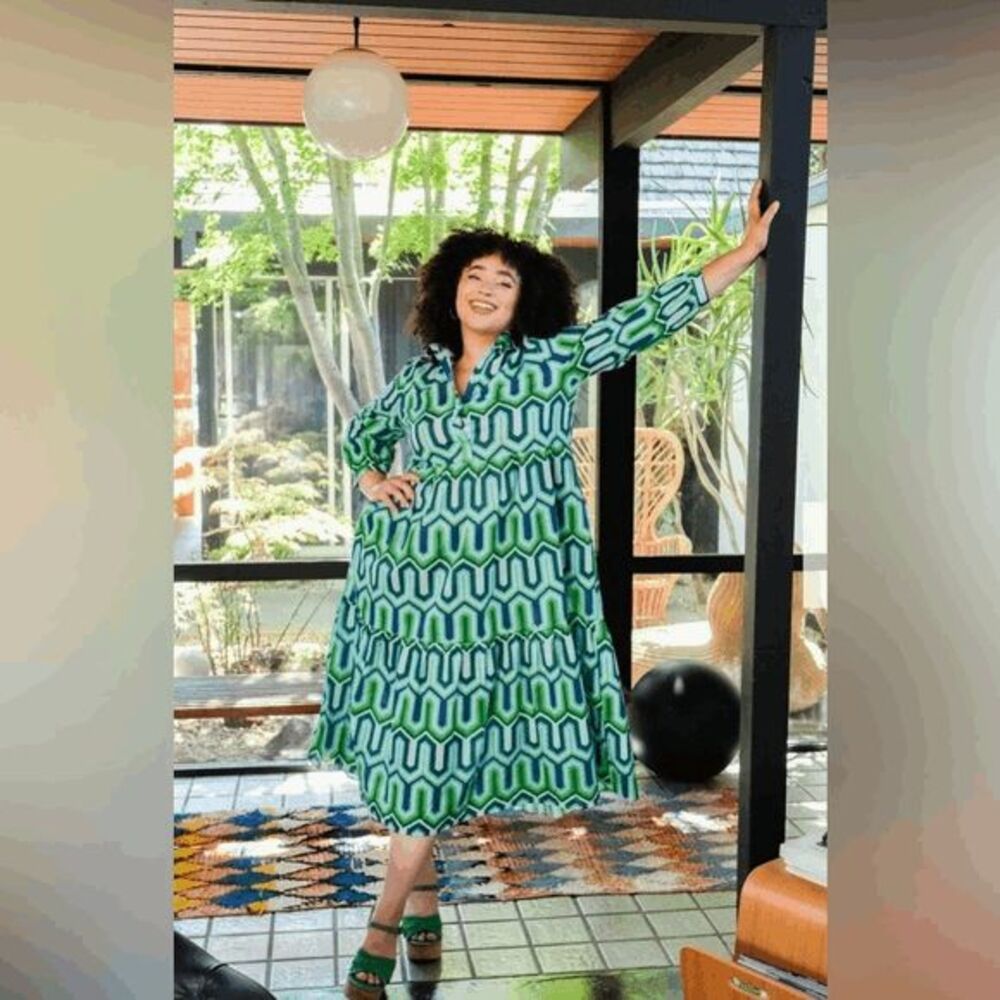 Lesley Evers Corinth Green Blue Geometric Ruthie Dress Women's Size Small